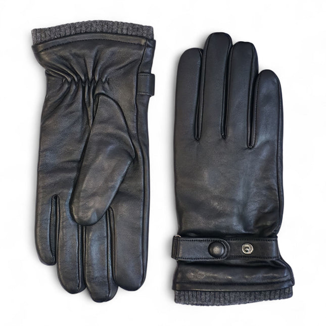 Men’s Black Italian Leather Warm Wool Lining Winter Knit Rib Gloves - M-LGV-105