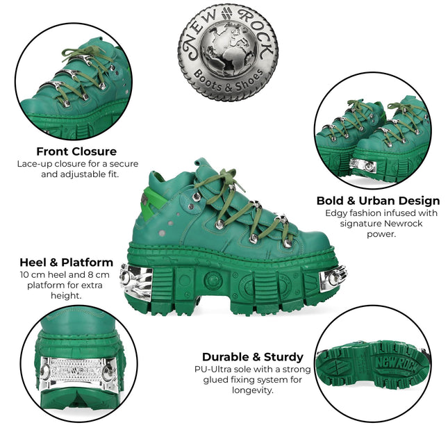 New Rock M-106Wall-C29 Metallic Green Leather Gothic Ankle Boots