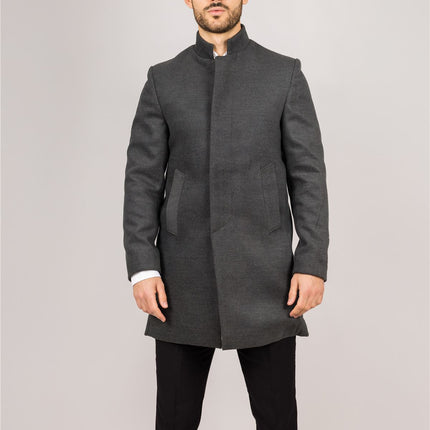 Men's Grey Stand Collar Wool Blend Overcoat