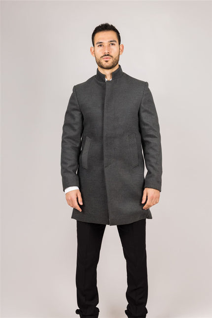 Men's Grey Stand Collar Wool Blend Overcoat
