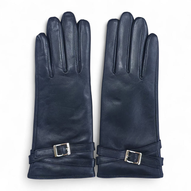 Womens Black Italian Leather Winter Buckle Soft Wool Lining Gloves - L-GLV-601