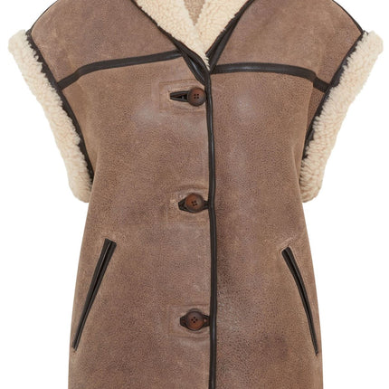 Womens Brown Aviator Shearling Sheepskin Leather Gilet Waistcoat