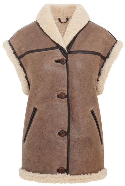 Womens Brown Aviator Shearling Sheepskin Leather Gilet Waistcoat