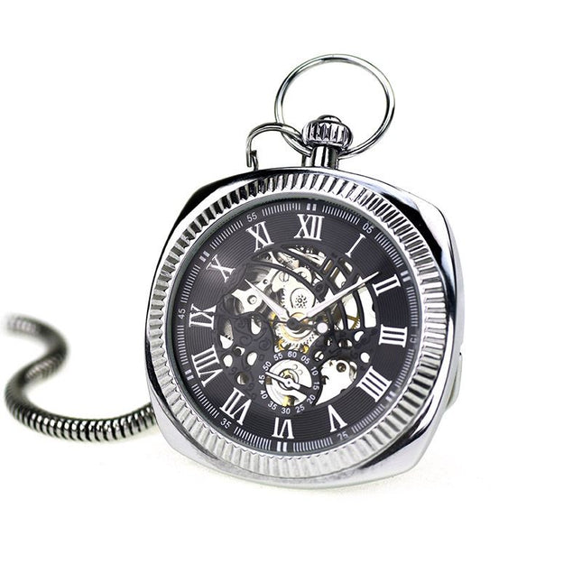 Mechanical Silver Vintage Skeleton Square Open-Face Pocket Watch