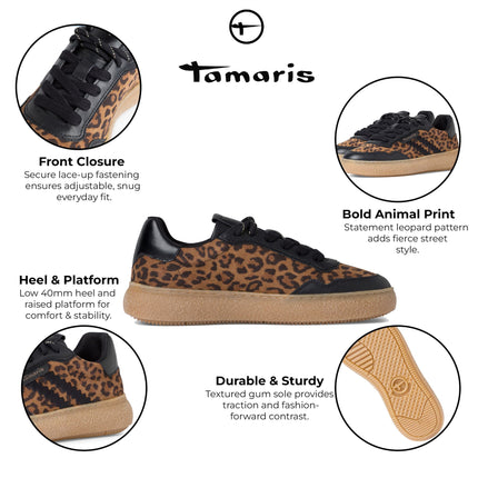 Tamaris Womens Leopard Black Leather Fashion Stripe Lace Up Sneakers