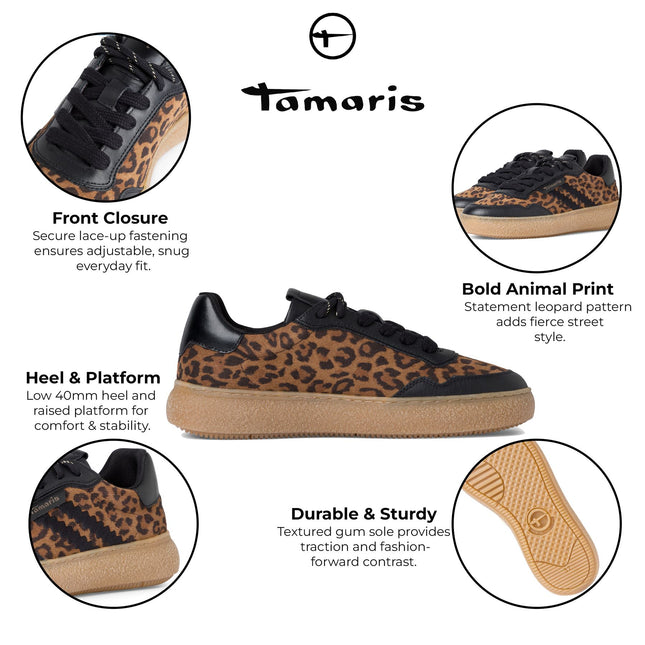 Tamaris Womens Leopard Black Leather Fashion Stripe Lace Up Sneakers
