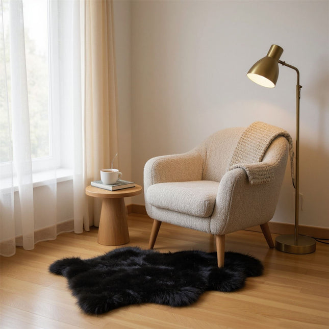 Genuine Black Sheepskin Natural Silky Soft Fluffy Real Wool Rug