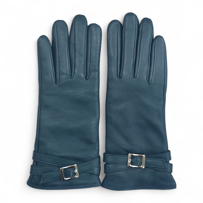 Womens Teal Green Italian Leather Winter Buckle Soft Wool Lining Gloves - L-GLV-601
