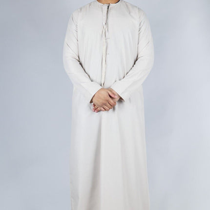 Men's Beige Thobe Emirati Islamic Jubba Robe Eid Tassel Regular Fit