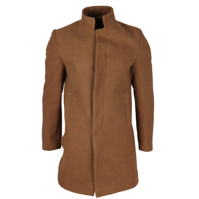 Men's Tan Stand Collar Wool Blend Overcoat
