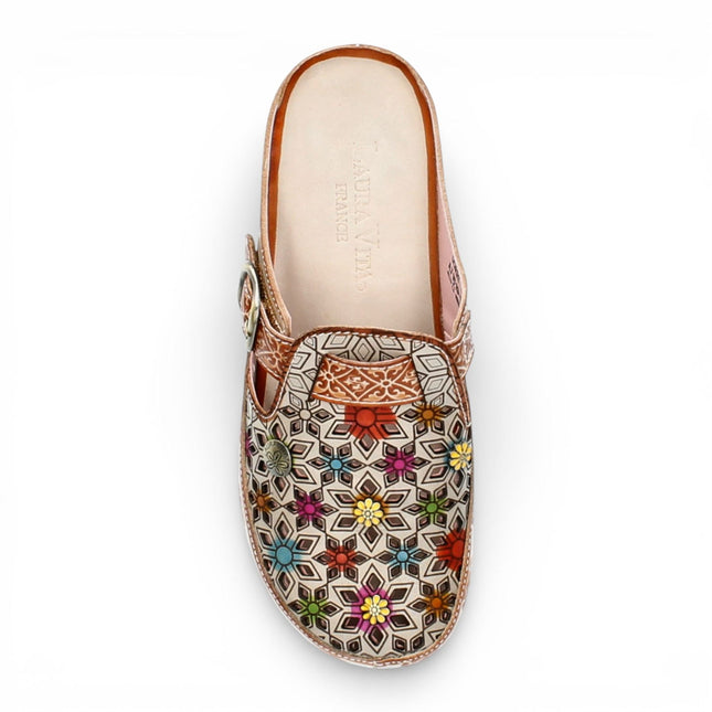 Laura Vita Women’s Dorry 01 Floral Beige Leather Wedge Slipper Sandals