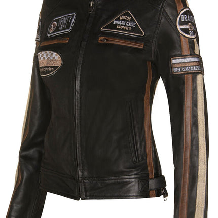 Womens Biker Racing Badges Leather Jacket-Eastleigh