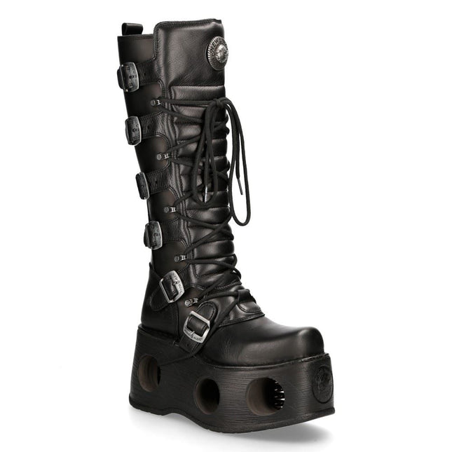 New Rock M-272-S2 Neptuno Metallic Knee High Black Leather Gothic Boots