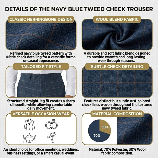 Men's Navy Tweed Herringbone Check Trousers - Harris