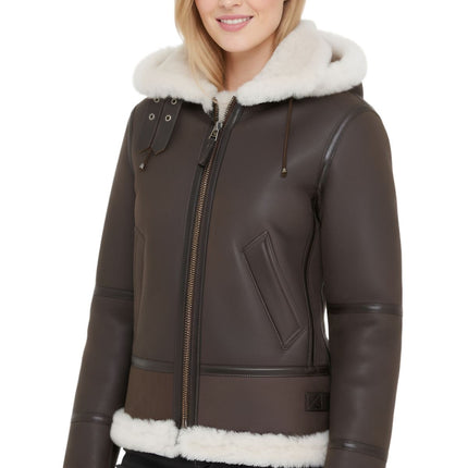 Womens Creck Brown Hooded Sheepskin Flying Leather Jacket-Palermo