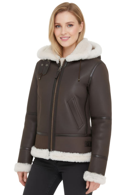 Womens Creck Brown Hooded Sheepskin Flying Leather Jacket-Palermo