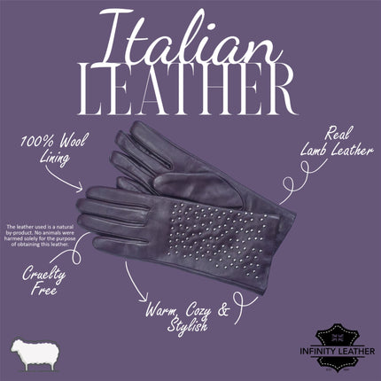 Womens Purple Italian Leather Winter Studded Design Soft Wool Lining Gloves - L-GLV-601