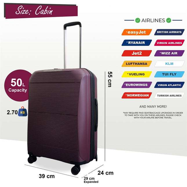 Expandable Strong ABS Hardshell Cabin Suitcase 55 x 39 x 24 cm Luggage Suitable for Easyjet, Ryanair