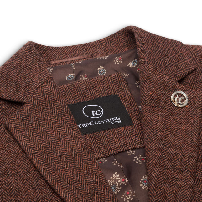 Women's Rust Brown Herringbone Wool Tweed Check Blazer