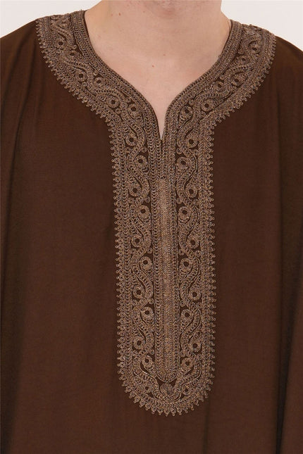 Men's Ramadan Dark Brown Moroccan Thobe Robe Djellaba Gandoura Eid Jubba- HM67