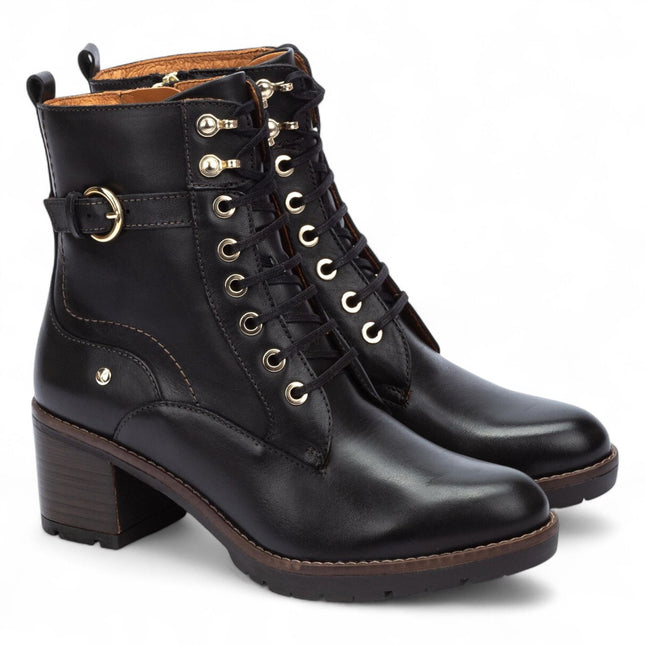 Pikolinos Women’s Black Leather Mid-Heel Combat Ankle Boots - Llanes