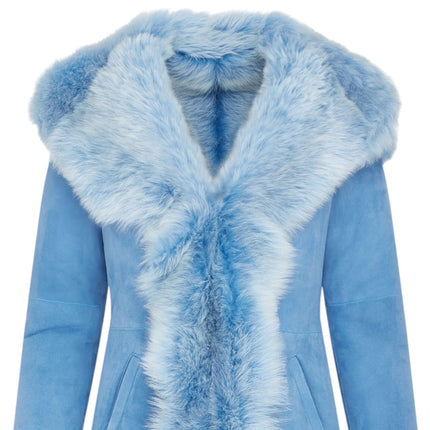 Womens Blue Toscana Sheepskin Suede Leather Hooded Trench Coat - Aura