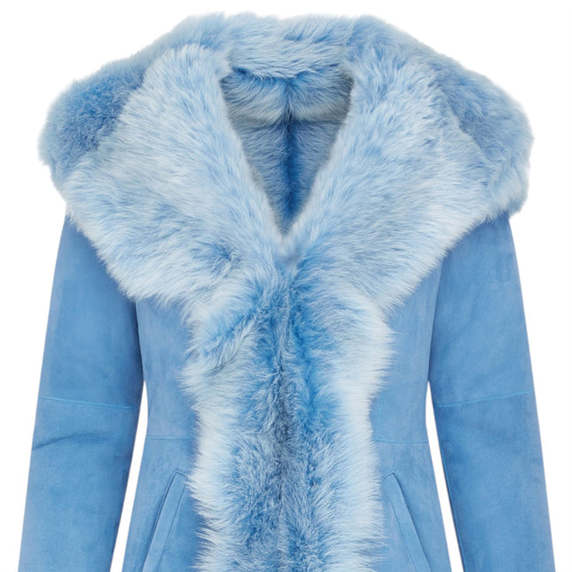 Womens Blue Toscana Sheepskin Suede Leather Hooded Trench Coat - Aura