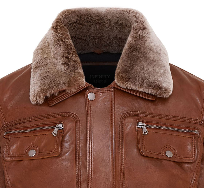 Mens Leather Jacket Trucker Removable Sheepskin Collar Casual Jacket