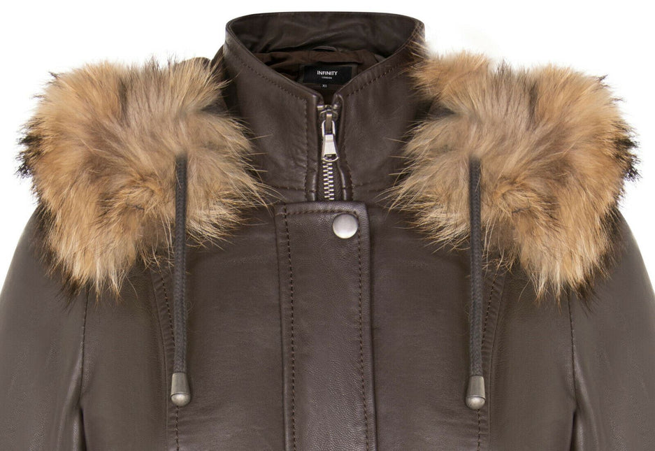Womens Warm Leather Hooded Parka Jacket-Northwich