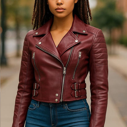 Womens Cropped Brando Leather Biker Jacket-Damascus