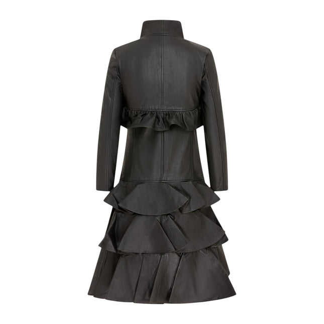Womens Goth Black Leather High Collar Victorian Flare Tailcoat - Challa