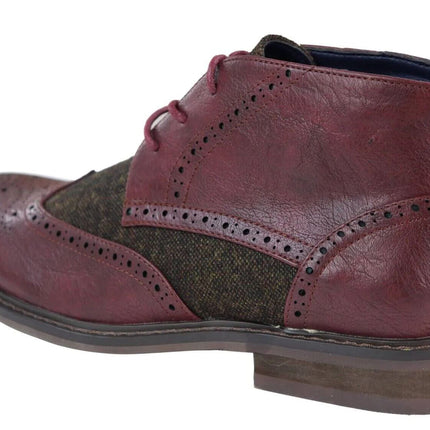 Mens Classic Tweed Oxford Brogue Ankle Boots In Wine Leather