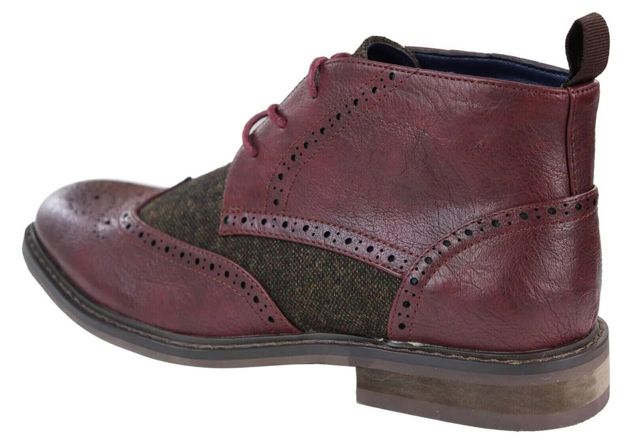 Mens Classic Tweed Oxford Brogue Ankle Boots In Wine Leather