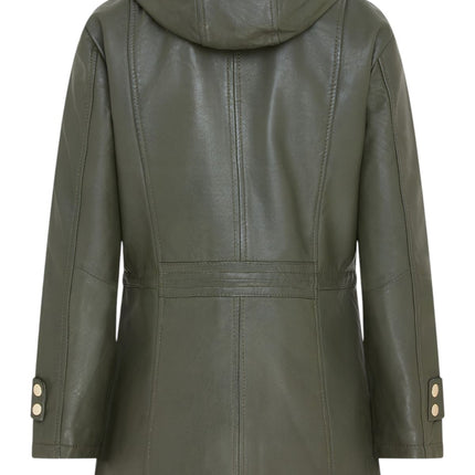 Women's Green Leather Parka Detachable Borg Hooded Trench Coat - Trekker