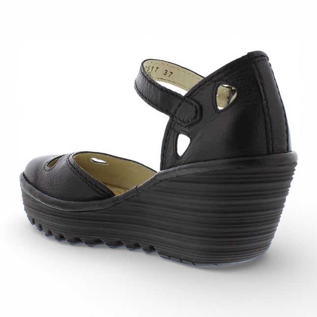 Fly London Women's Yuna Black Leather Wedge Sandals