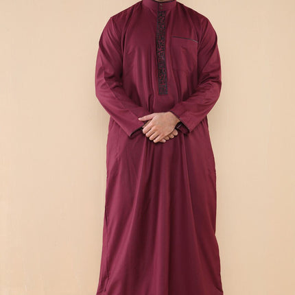 Mens Wine Thobe Jubba Emirati Islamic Arabic Eid Embroidery Kaftan Jubbah Robe