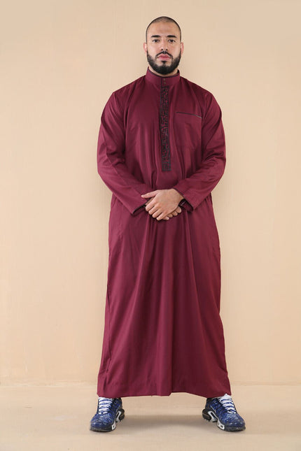 Mens Wine Thobe Jubba Emirati Islamic Arabic Eid Embroidery Kaftan Jubbah Robe