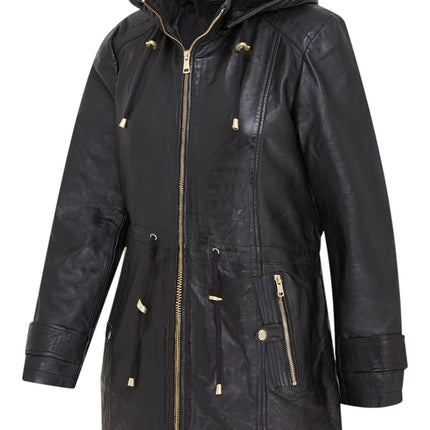 Women's Black Leather Parka Detachable Borg Hooded Trench Coat - Trekker