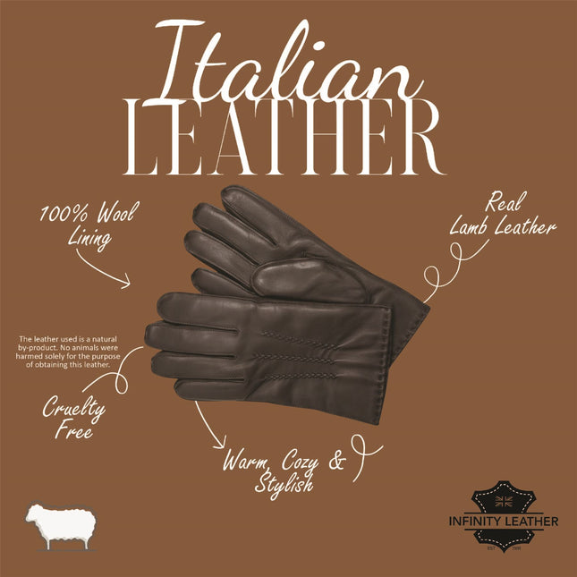 Men’s Brown Italian Leather Warm Wool Lining Winter Stich Design Gloves - M-LGV-205