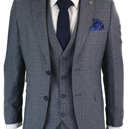 Mens 3 Piece Grey Blue Check Vintage Retro Suit