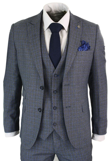 Mens 3 Piece Grey Blue Check Vintage Retro Suit
