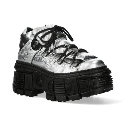 New Rock M-106Wall-C29 Metallic Silver Black Leather Gothic Ankle Boots