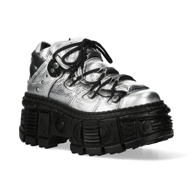 New Rock M-106Wall-C29 Metallic Silver Black Leather Gothic Ankle Boots