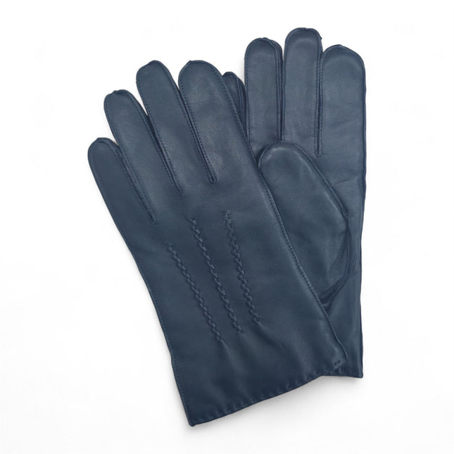 Men’s Navy Blue Italian Leather Warm Wool Lining Winter Stich Design Gloves - M-LGV-205