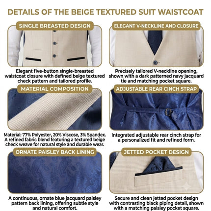 Men's Cream Checked Tailored Fit Waistcoat - Regent