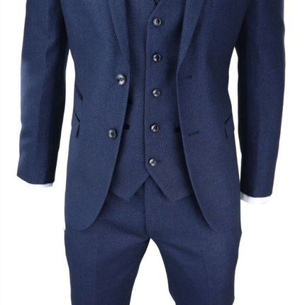 Mens 3 Piece Navy Blue Birdseye Tweed Classic Suit