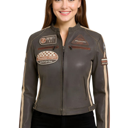 Womens Biker Racing Badges Leather Jacket-Eastleigh