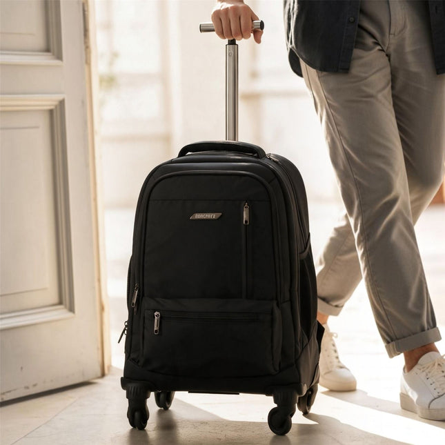 19" Black Wheeled Laptop Backpack Premium PU 4 Wheel Trolley Rucksack